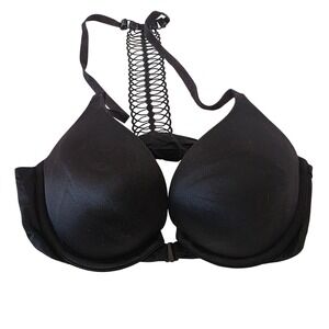 Victoria's Secret Bombshell Plunge Bra Black Lace Back Front Close 32B